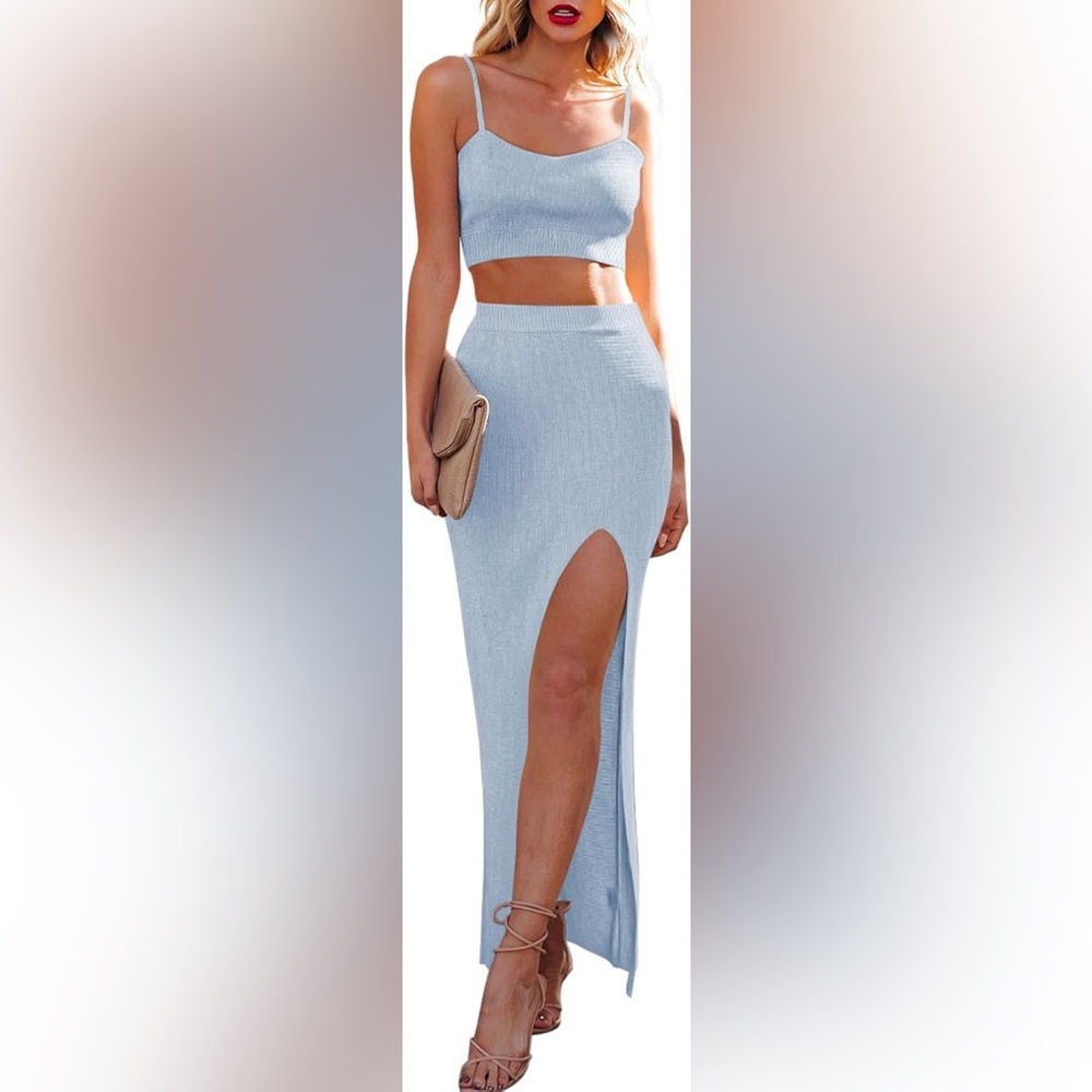NWT- 2 Piece Dress Cami Crop Top Bodycon Long Maxi Skirt Set Small Light Blue - Picture 3 of 8